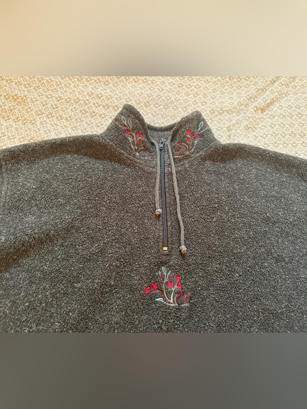 Rose Embroidered Charcoal Quarter-Zip Fleece Pull-Over